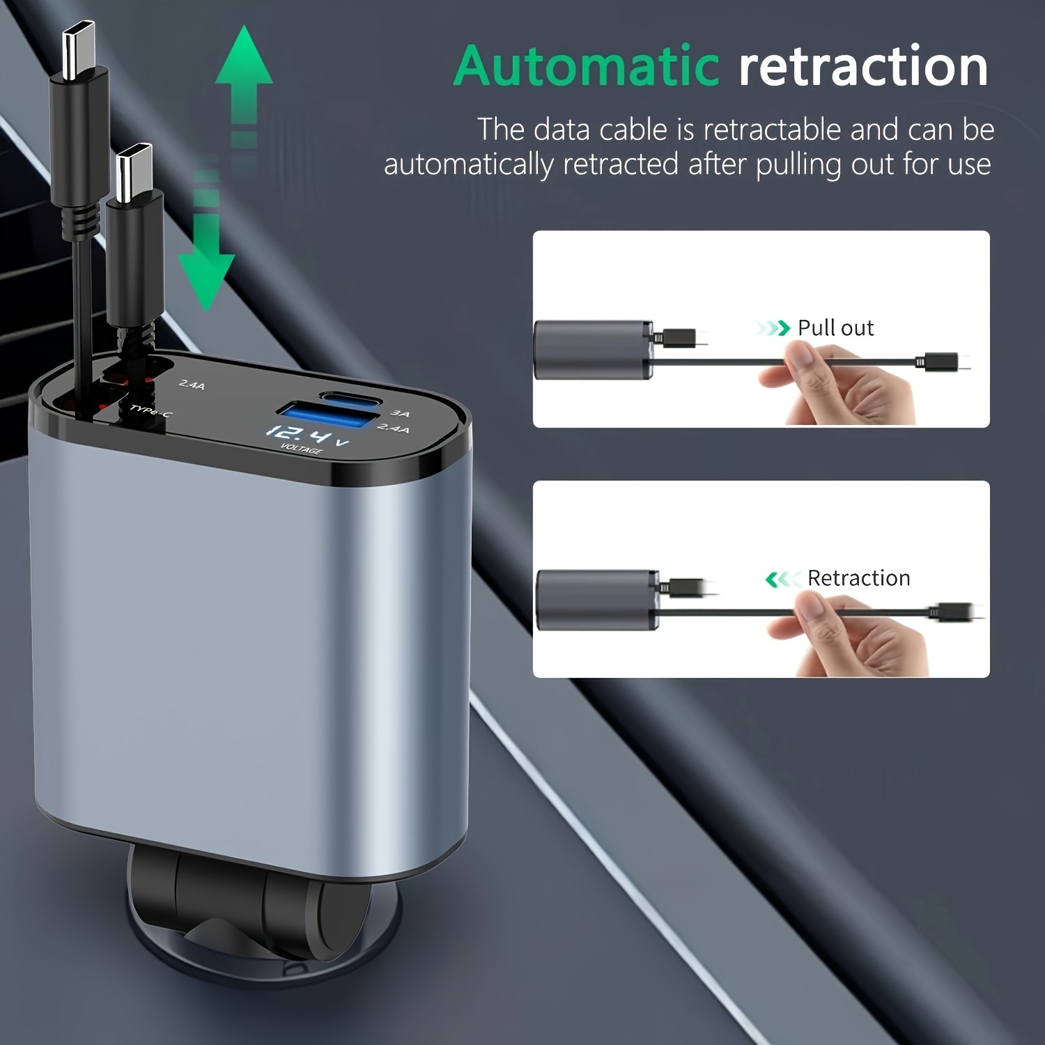4-in-1 Car Charger with Dual Retractable Cables Dual USB-C PD Fast Charging Ports,Car Plug Adapter with Voltage Display,Matte Plastic Flat-Shaped 50-80W Power Output,Multi-Port USB Car Charger Adapter