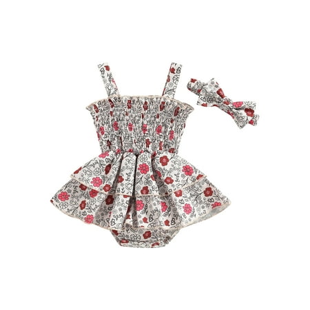 

Karuedoo Infant Baby Girls Floral Romper Dress Sleeveless Strap Bodysuit Ruffle Onesie Headband Outfits