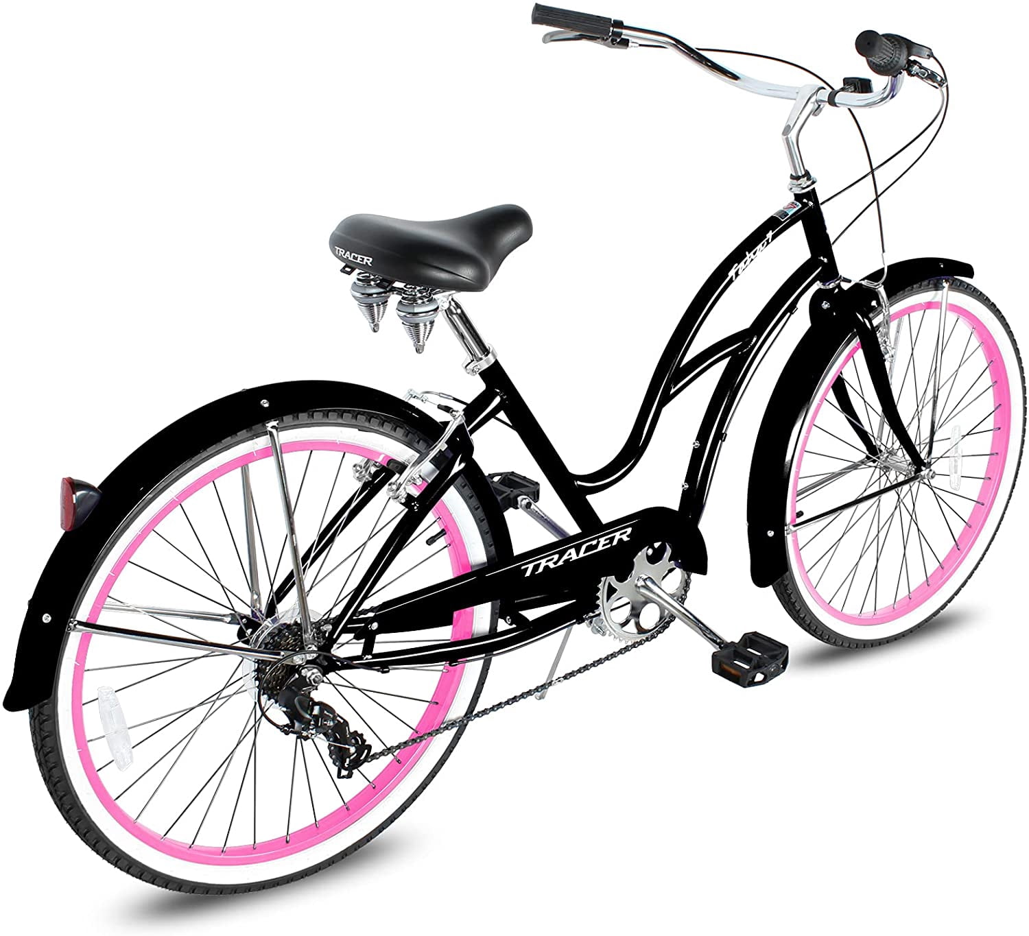 WonderWheels 26" Beach Cruiser Coaster Brake Stainless Steel Spokes One Piece Crank Alloy Orange Rims 36H W/ Fenders - Black