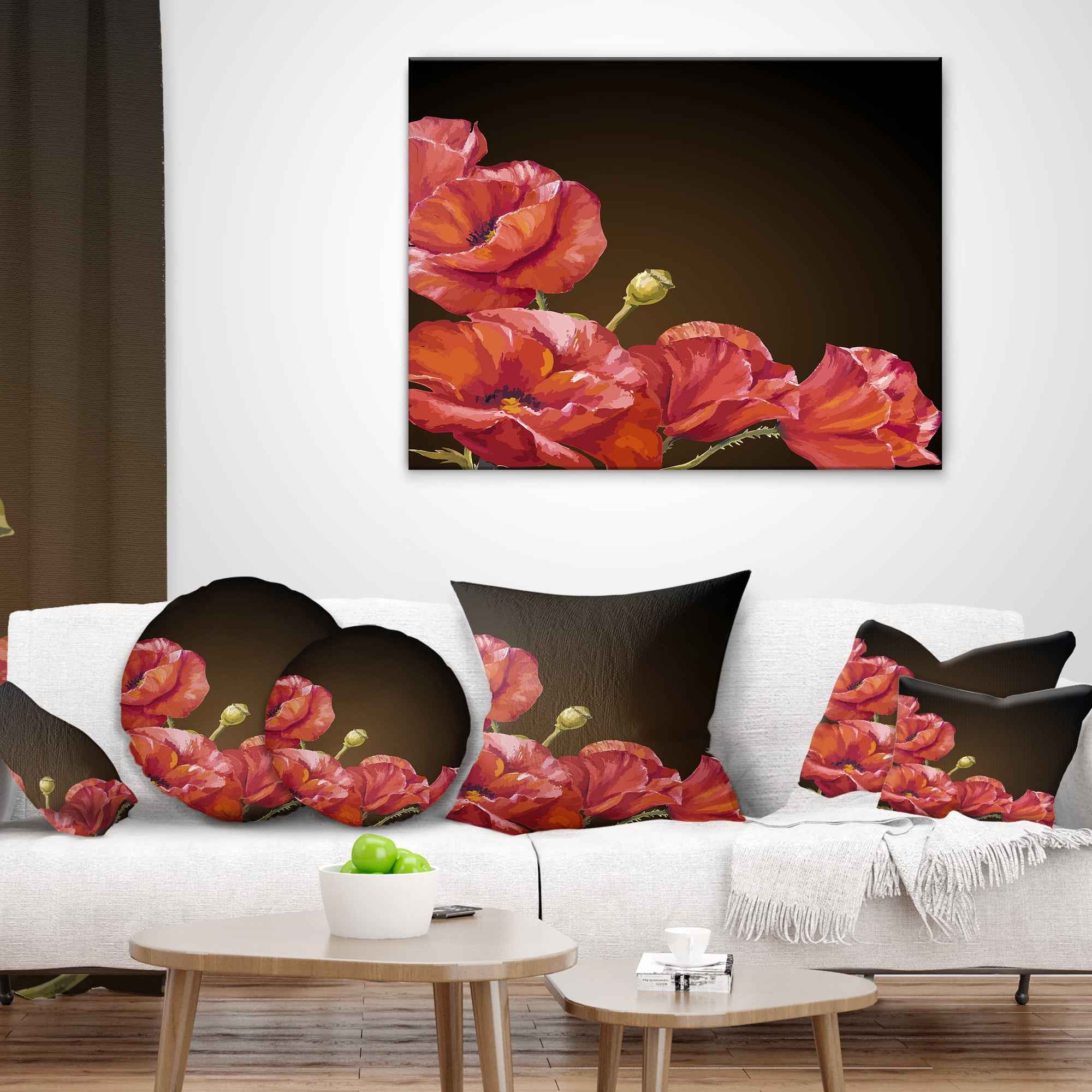 Designart Poppy Flowers Vector Art - Floral Throw Pillow - 12x20