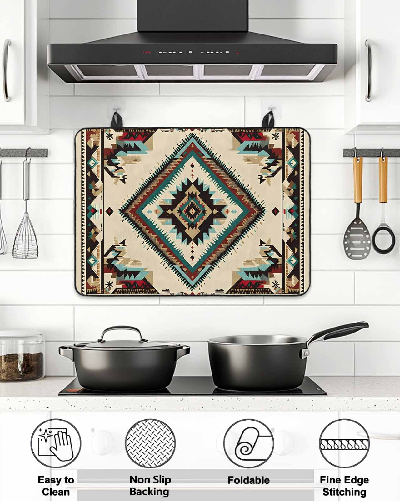 Stove Top Covers for Electric Stove, Boho Red Teal Brown Glass Stovetop Cover Protector, Southwestern Vintage Geometric Induction Cooktop Protector Oven Mat for Kitchen Countertop 31"x24"