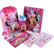 Minnie Mouse Sling Bag with Stationery Set and Sullivan Water Bottle Bundle | Minnie Mouse Drawstring Bag with over 30pcs Stationery Set | Notepad, Stickers, Color Markers, Crayons, Eraser and more