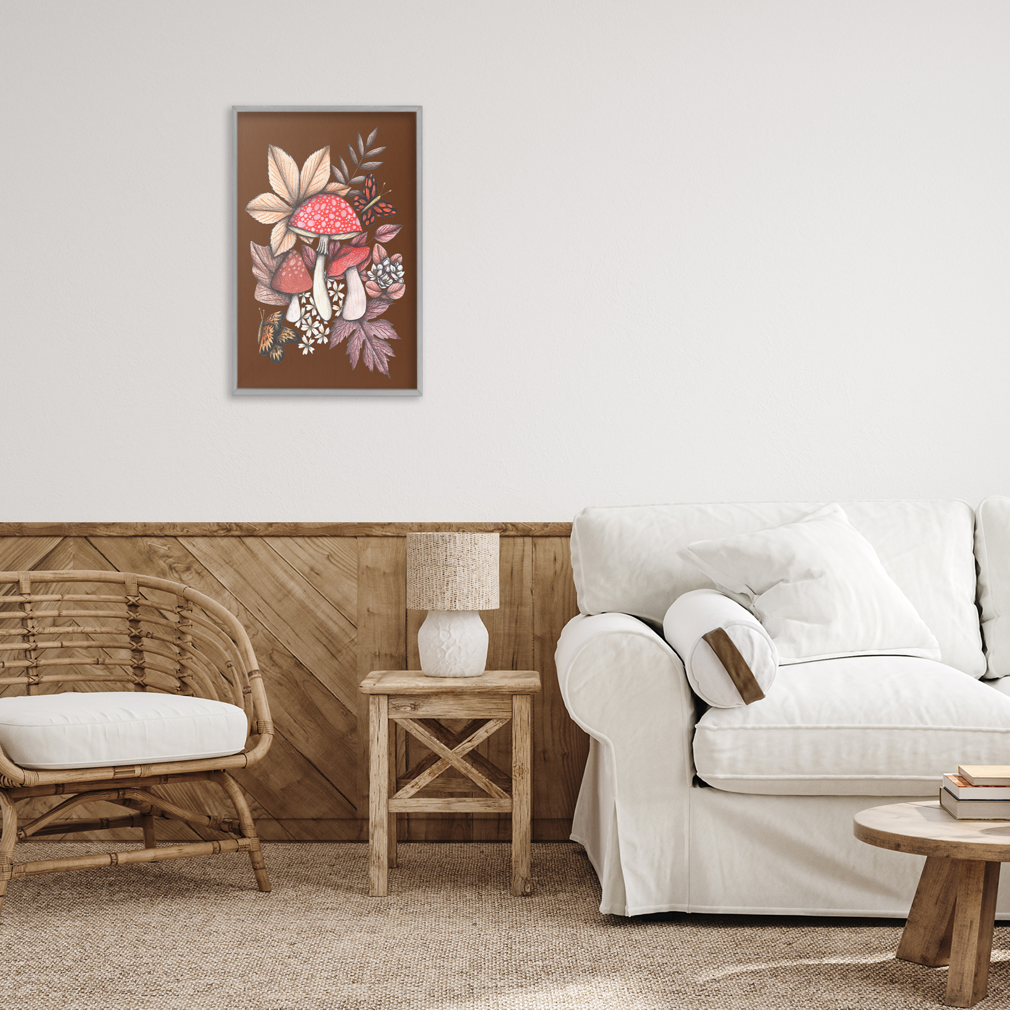 Autumnal Mushrooms Magic Gray Framed Giclee Art, design by Cecilia Battaini