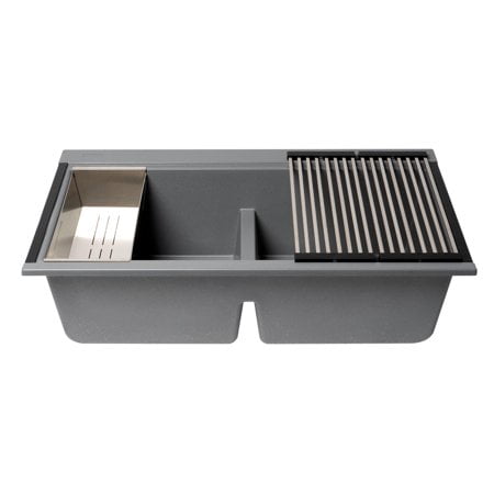 Alfi Brand Ab3418Dbum-T Titanium 33"" Granite Composite Workstation Step Rim Double Bowl Undermount Sink With Accessories