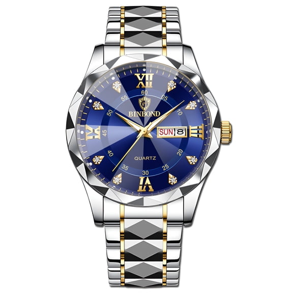 Men's Quartz Watch, Day-Date Display, Two-Tone Stainless Steel Band, Business Dress Wrist Watch