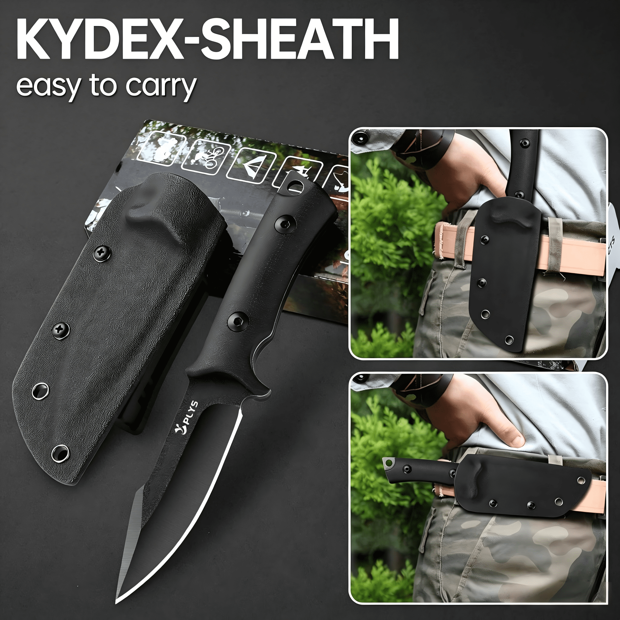 Plys 3.6 inch Fixed Blade Camping Knife, Full Tang Outdoor Tactical Knives with Kydex Sheath, G10 Handle, Hunting Hiking Essentials Gear