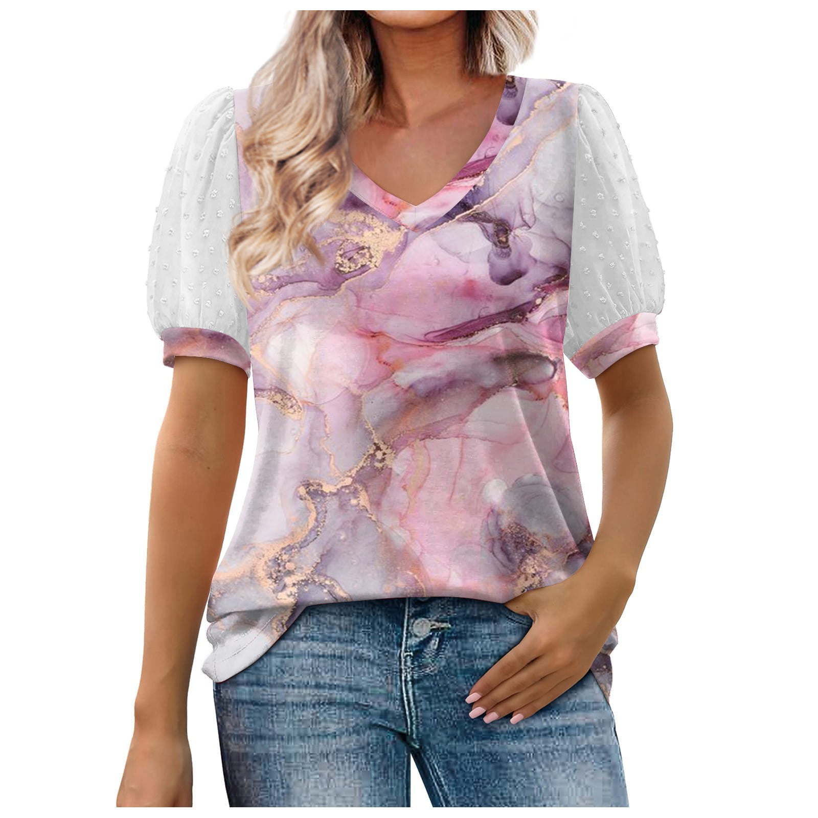 Sksloeg Shirts for Women Mesh Marble Print Tops Puff Short Sleeve