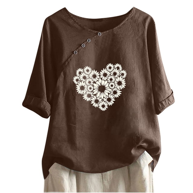 Birdeem T-Shirt Décontracté en Coton et Lin Imprimé à Manches Courtes Col Rond Boutonné