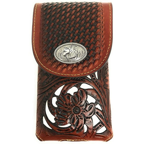 Texas West Western Cowboy Tooled Floral Leather Horse Concho Belt Loop Extra Large Cell Phone Holster Case