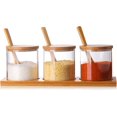 thumbnail image 1 of Juego de 3 botes para condimentos simples y elegantes, caja de vidrio decorativa para condimentos con tapa y base de cuchara de bambú para cocina casera, 1 of 5