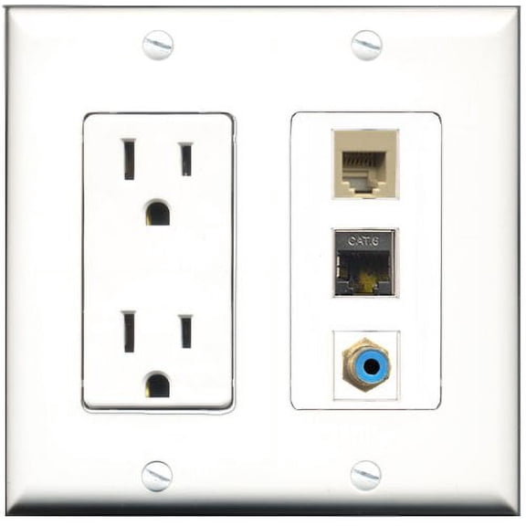 RiteAV - 15 Amp Power Outlet 1 Port RCA Blue 1 Port Phone Beige 1 Port Shielded Cat6 Ethernet Ethernet Decorative Wall Plate
