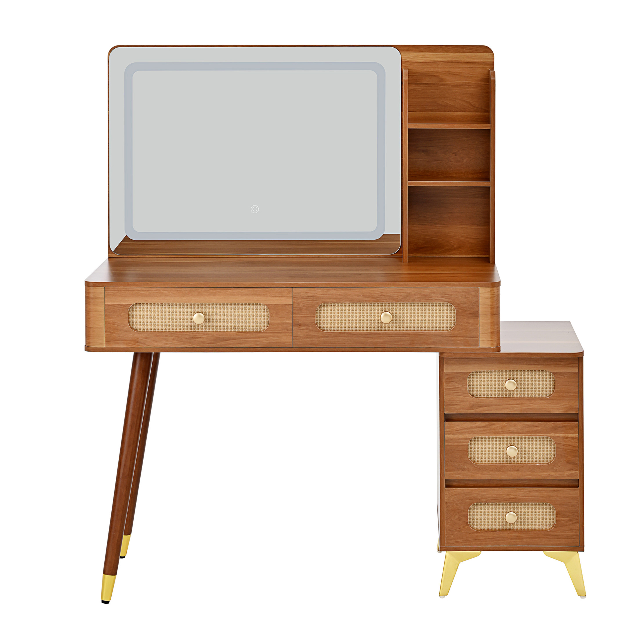 Noble House 47" Vintage Makeup Vanity with Lighted Mirror, Makeup Desk with 5 Storage Drawers, Upper Shelf,Walnut