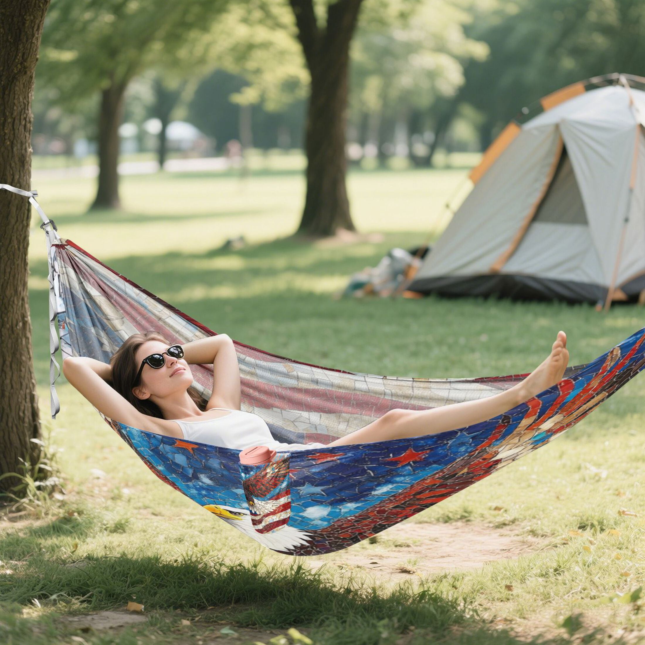 Wobogo American Flag Bald Eagle Camping Hammocks 330 lb Capacity with Tree Straps and Hanging Pockets for Outside Hiking Beach Backpack Travel