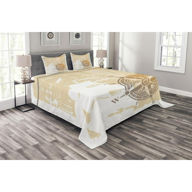 Compass Bedspread Set King Size Nautical Themed Marine Life Inspired Windrose Ship Rope Background Quilted 3 Piece Decor Coverlet With 2 Pillow Shams Sand Brown Marigold By Ambesonne Com Compass Bedspread Set King Size, Nautical Themed King Size Bedding