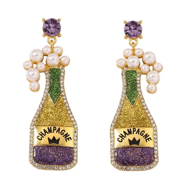 Hearth & Gear Mardi Earrings For Women Girls Champagne Earrings Champagne Bottle Earrings Pearl Rhinestone Champagne Drop Dangle Earrings Mardi Dangle Earrings Mardi Jewelry Statement Earring Extra
