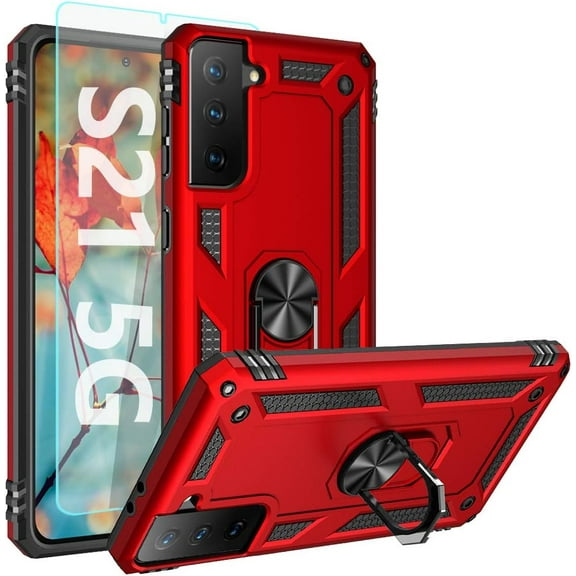 for Galaxy S21 Case,S21 5G Case,with HD Screen Protector, [Military Grade] Ring Car Mount Kickstand Hybrid Hard PC Soft TPU Shockproof Protective Case for Samsung Galaxy S21 5G 6.2 Inch (Red)