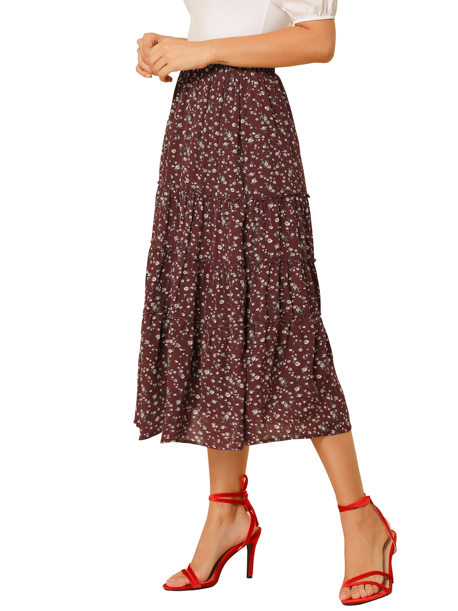 DARING DIVA Women's Chiffon Tiered A-Line Maxi Skirt S Brown