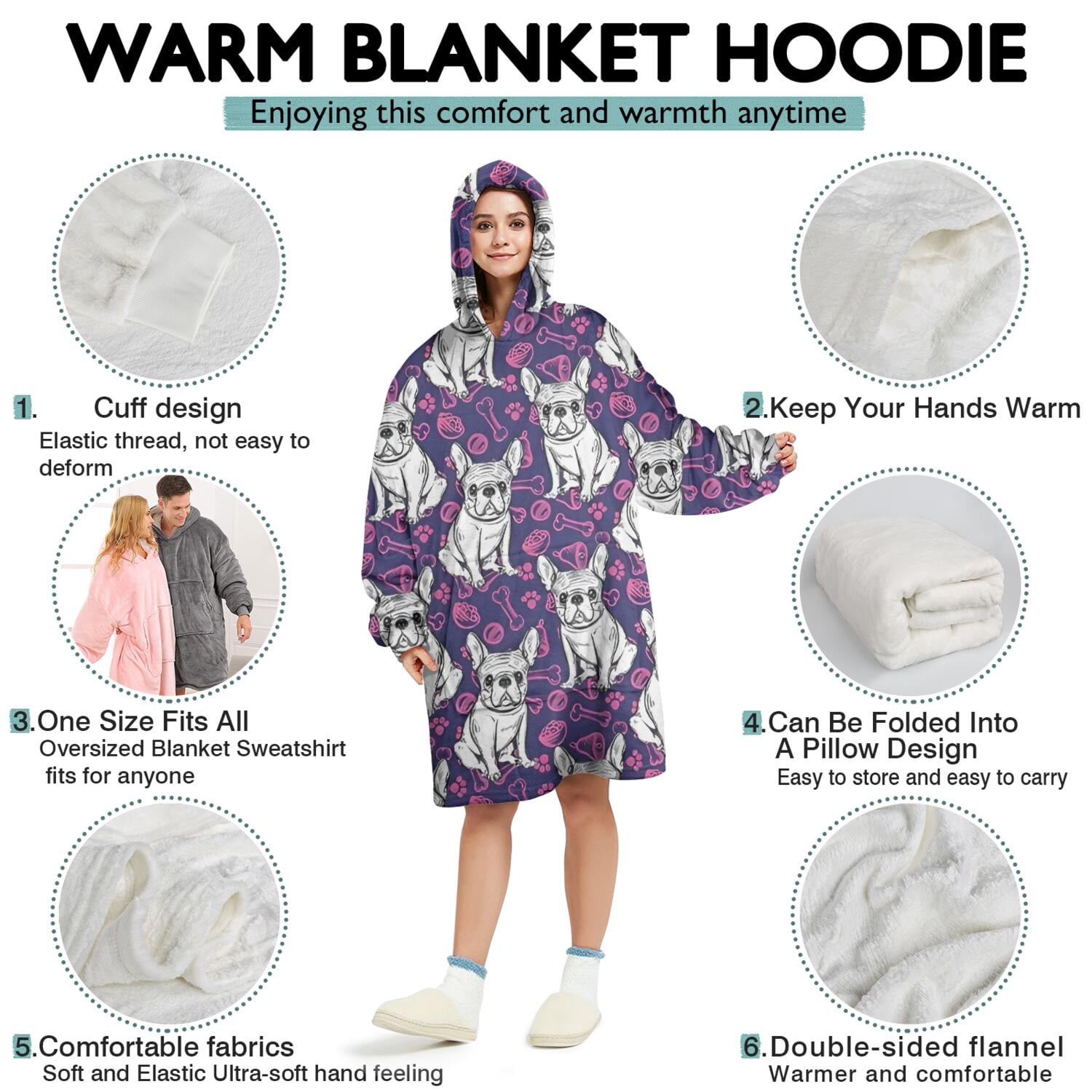 Purple French Bulldog Wearable Oversized Blanket,Wearable Blanket Hoodie for Adults,Cozy Hooded Blankets with Super Pockets,Super Warm Fuzzy Pullover for Women & Men