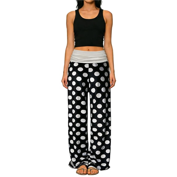 DHFJKG Womens Wide Leg Pants Patchwork Yoga Pants Loose Fit Ruched Casual Vintage Polka Dot Summer Soft Loungewear Bottoms Trendy Trousers