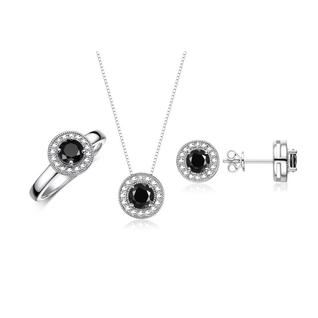 RYLOS Halo Designer Matching Set 14K Yellow Gold: Ring, Earring & Pendant Necklace Gemstone & Diamonds 4MM Onyx October Birthstone; Size 8