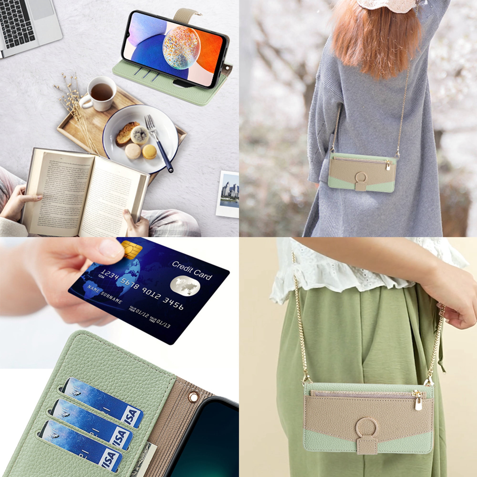 Dteck Crossbody Wallet Case for Samsung Galaxy A35 5G, Bicolor PU Leather Zipper Purse with Card Holder Mini Make-up Mirror for Women Girls,Folio Flip Phone Case with Magnetic Closure,Green