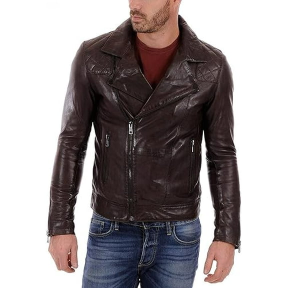 New Men's Genuine Lambskin Leather Brown Slim Fit Biker Motorcycle Jacket A338