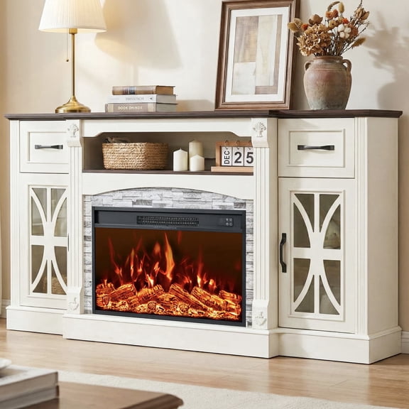70" Farmhouse Electric Fireplace TV Stand, with 30" Fireplace Insert Heater for Living Room, Bedroom, White