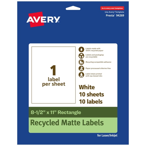 Avery EcoFriendly Rectangle Labels, 8-1/2" x 11", 10ct