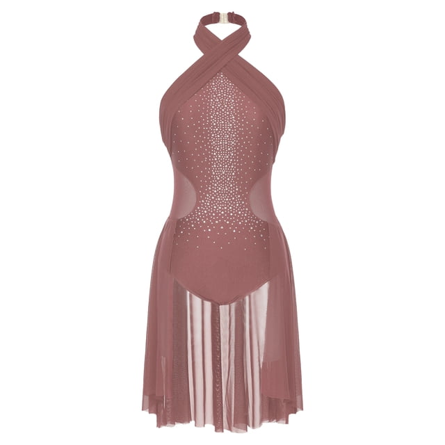 Moggemol Costume de Danse Lyrique pour Femmes Col Halter Strass Robe de Danse Moderne Contemporaine Rose Poussiéreux TG
