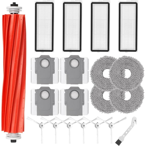Accessories Kit for Roborock Qrevo S/Qrevo Pro/Qrevo Plus/Qrevo MaxV Robot Vacuum Cleaner Replacement Parts. 1 Main Roller Brush, 4 Hepa Filters, 4 Mop Pads, 6 Side Brushes, 4 Dust Bags, 1 Brush