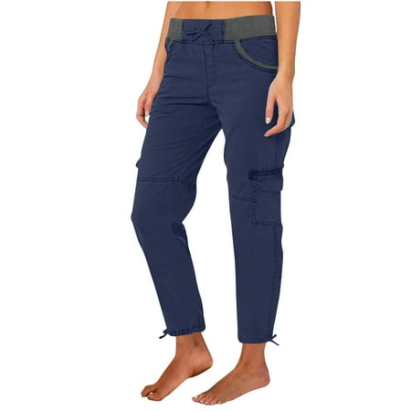 CLOISE Womens Cargo Pants with Pockets Plus Size High Waist Cropped Trousers Wide Leg Drawstring Baggy Solid Bottoms Casual Clothes