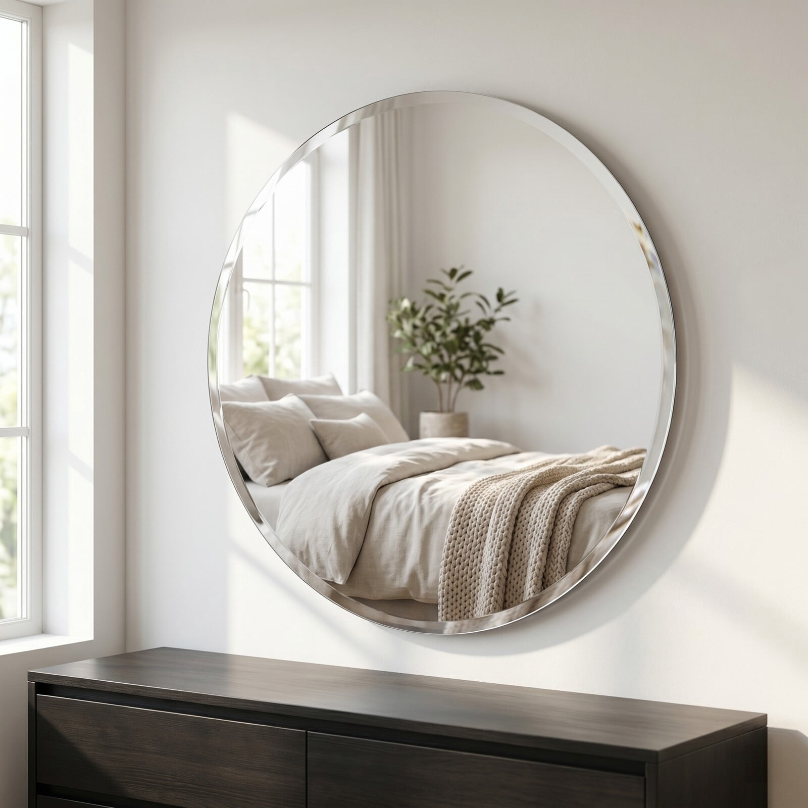 Easy4Home 18"x18" Frameless Circle Bathroom Mirror Beveled Vanity Wall Mirror