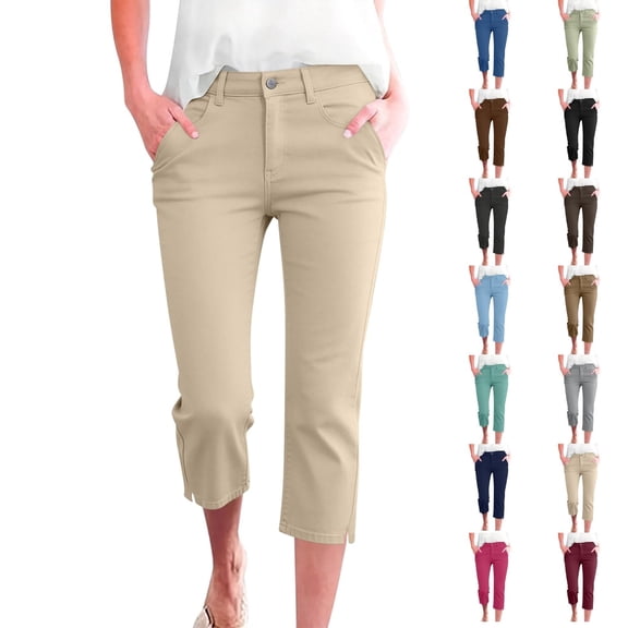 Qingpeng Capri Pants for Women Casual Stretch Business Work Capris Office Dress Straight Leg Pants Summer Petite Pants