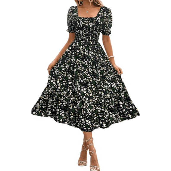 EASYBRAUS Women Floral Square Neck Puff Sleeve A Line Summer Dress Casual Midi Dress