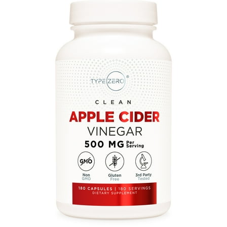 Type Zero Apple Cider Vinegar Capsules (180 Count) 500mg Per Serving - Non-GMO, Gluten-Free Supplement
