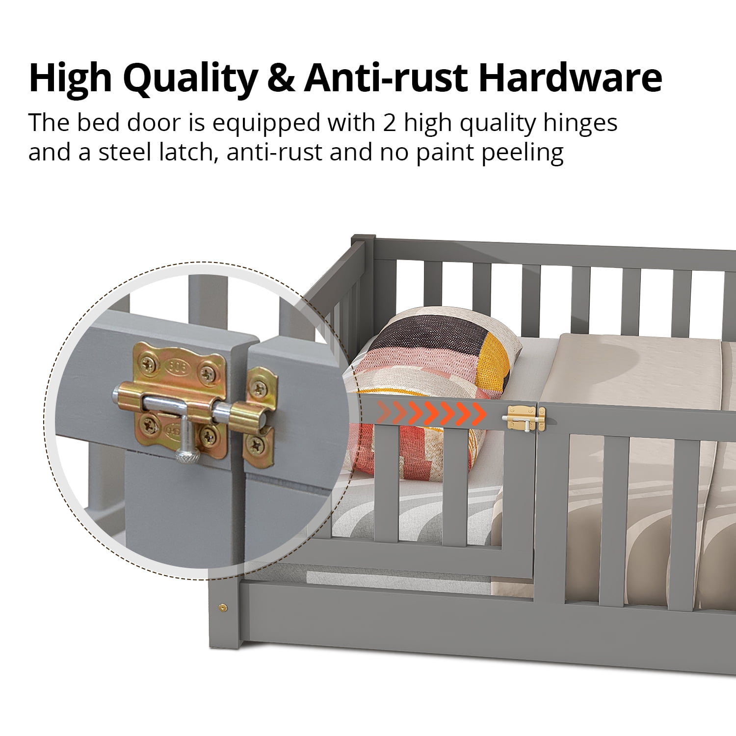 Full size Low Platform Bed with Full-length Guardrail and Door, Wood Floor Platform Bed with Slats Support for kids toddlers Bedroom, Mattress Not Included, Easy Assembly, Gray