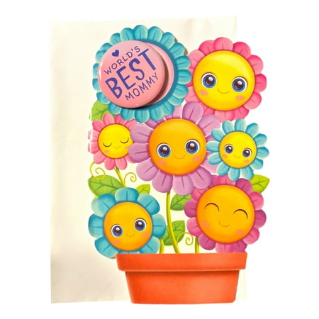 Mother's Day Greeting Card - World's BEST Mommy button (wearable) , Daisies