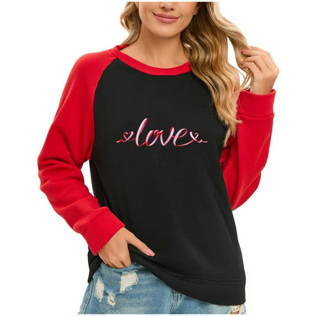 VALMASS Chandails Surdimensionnés de la Saint-Valentin pour Femmes Manches Raglan Col Rond Hauts Décontractés Amples Imprimés Chandail Blouses (m, Noir-g)