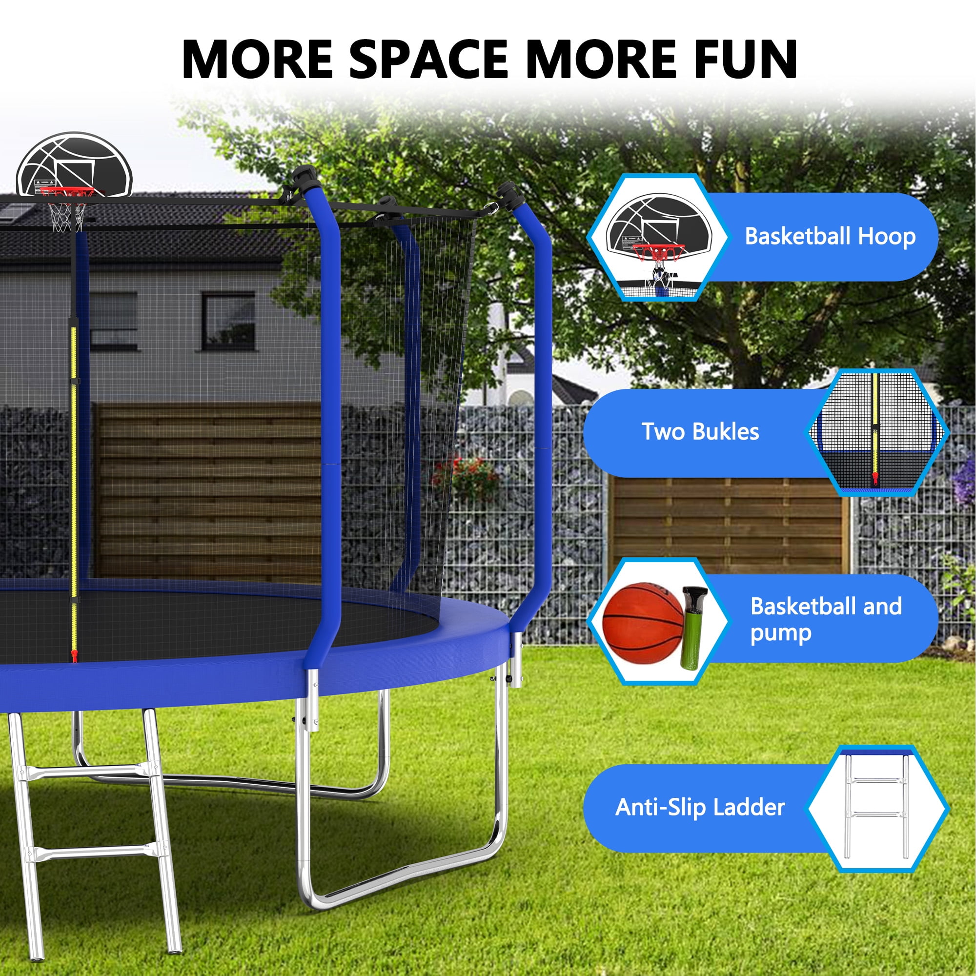 Aukfa 12 FT Trampoline with Safety Enclosure, Basketball Hoop & Ladder, Heavy-Duty Outdoor Jumper for Kids & Adults, Blue
