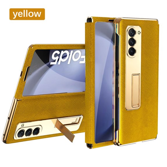 Nalacover for Samsung Galaxy Z Fold 5 Metal Kickstand Case, Tempered Galss Protective Film Classic PU Leather Folding Cover for Galaxy Z Fold 5, Electroplated Frame Shockproof Anrti-Drop Case,Yellow