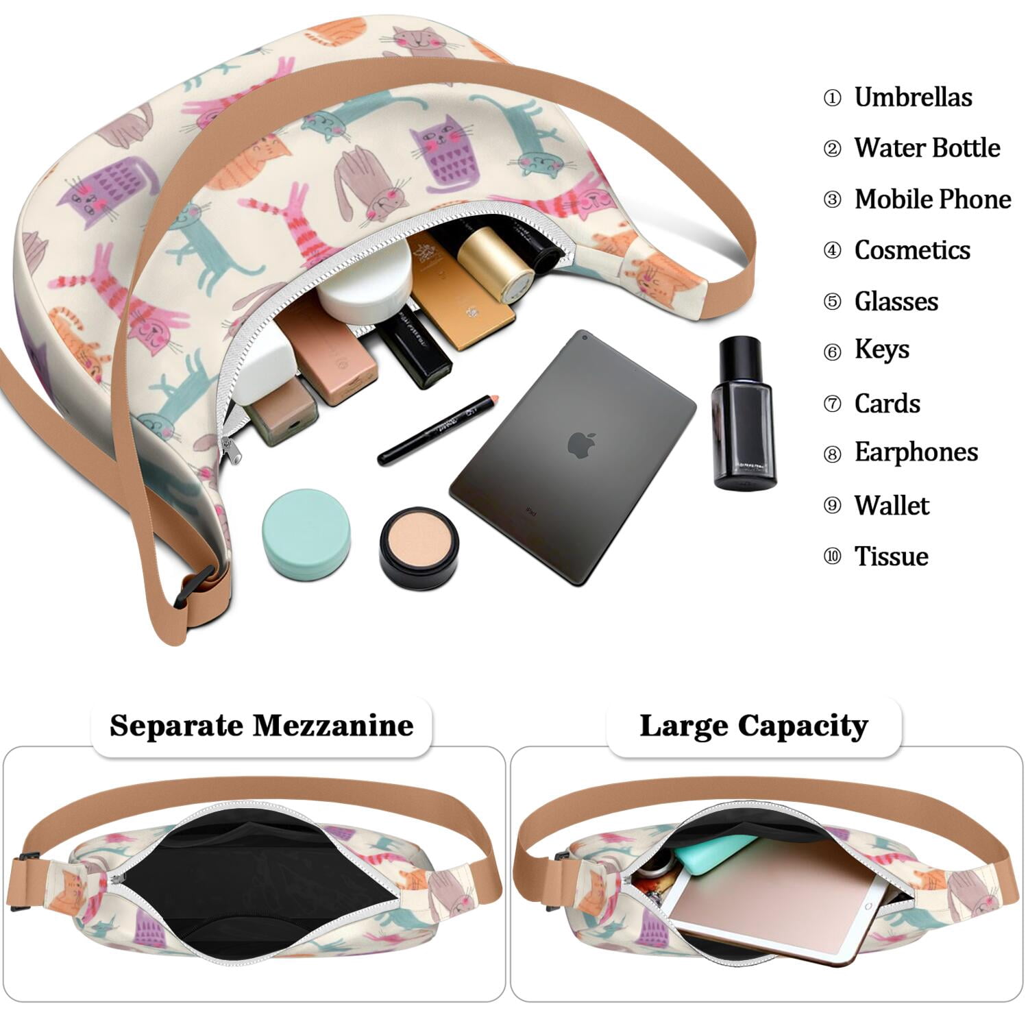 Travel Purse for Women – Durable Nylon Fabric, Adorable Cat and Moon Artwork, Watercolor Cat Print, Large Capacity Artistic Crossbody Bag