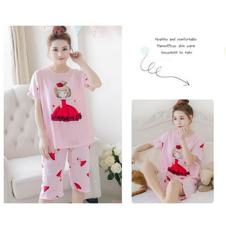 

Abcelit Clearance! Summer And Fall New Lovely Pajamas Short Sleeved Suits Thin Code Size Sweet Home Cotton And Polyester Women s Sleep Red L