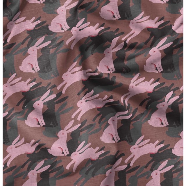 Soimoi Brown Silk Fabric Bunny Rabbit Animal Print Sewing Fabric Yard 42 Inch Wide