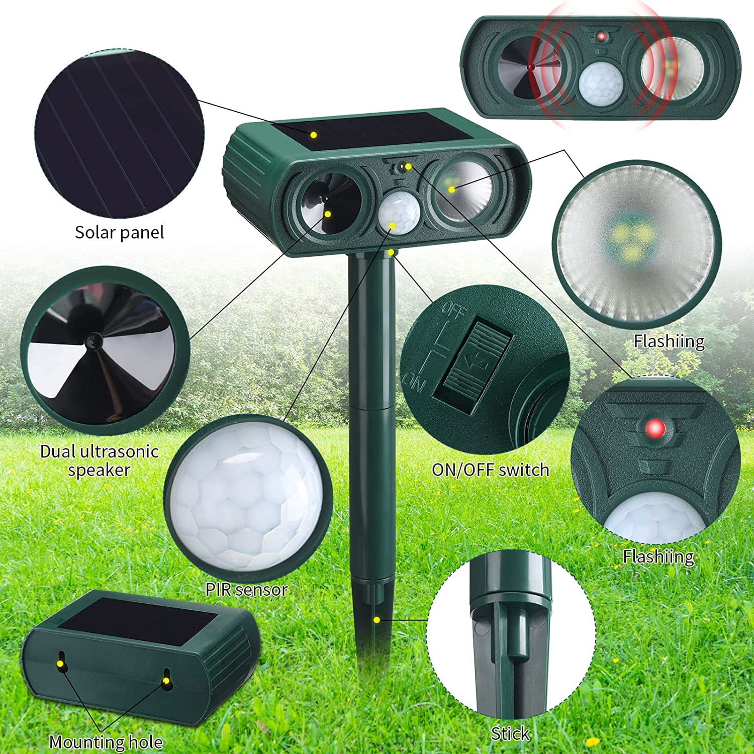 Onemayship 2Pack Upgraded Solar Animal Repellent - Waterproof Outdoor Ultrasonic Pest Deterrent Device to Keep Deer, Cat, Dog, Raccoon