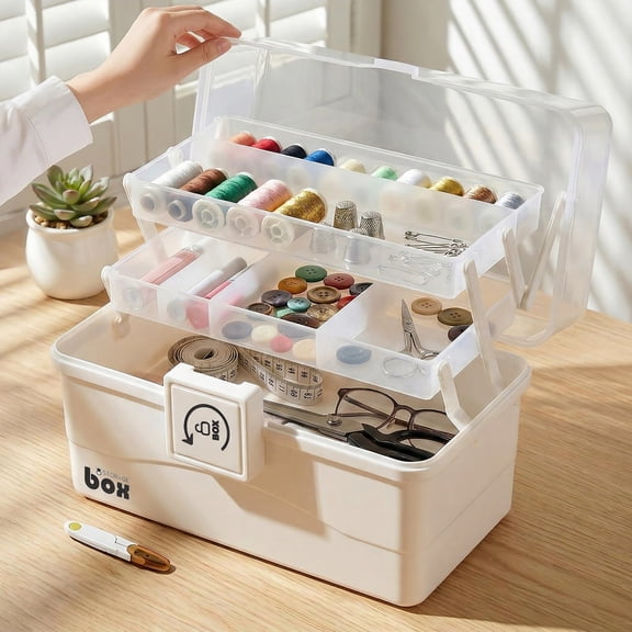 Plastic Storage Box with Rotary Latch Lock, Includes Small Scissors, Medicine Organizer Box