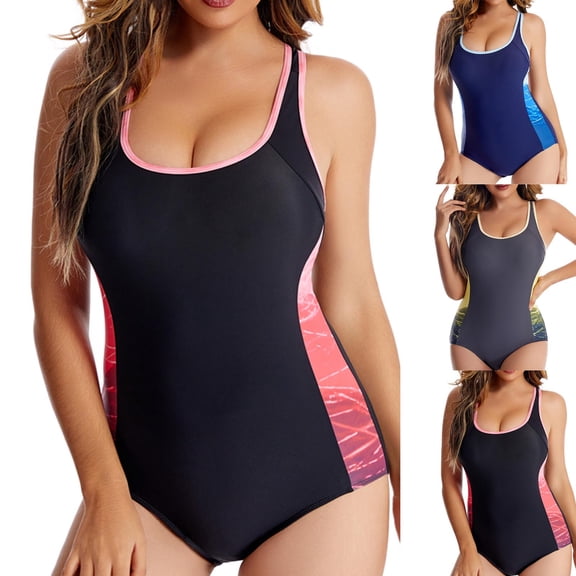Lovzfmll Women's One Piece Swimsuit Crew Neck Activewear Color Block Slimming, Rash Guards Spaghetti Straps Push-Up Low Back Cutout Bathing Suit, Black S