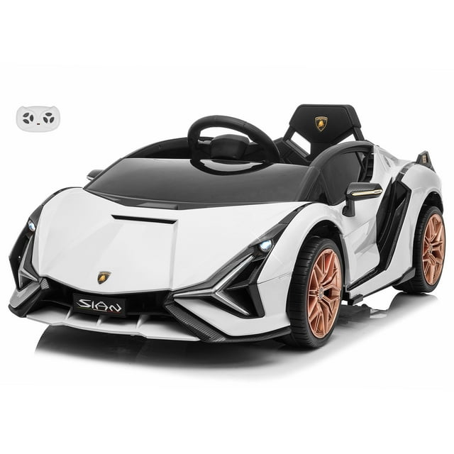 VOLTZ TOYS Lamborghini SIAN FKP 37 12V Ride on Car with Scissor Doors and Remote Control, Licensed. This white ride-on car features authentic Lamborghini styling, including scissor doors, LED headlights, and gold-tone wheels. Designed for kids ages 1–5, it includes a 12V rechargeable battery, two motors, a built-in music player, and a parental remote control for added safety. The car supports up to 66 lbs and reaches speeds of 3–5 km/h, making it ideal for smooth surfaces.