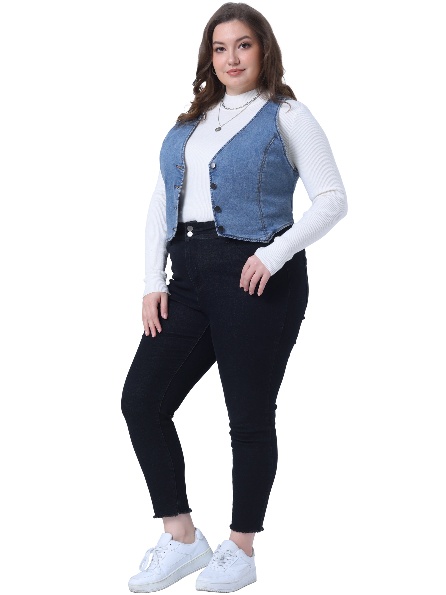 DARING DIVA Women's Plus Size Sleeveless V Neck Button Down Denim Vest 1X Light Blue