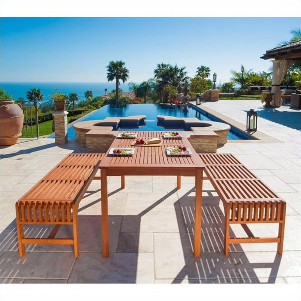 Malibu Outdoor 3-piece Wood Patio Dining Set with Backless Bench