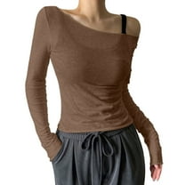 Riforla Women's Sheer Mesh off The Shoulder Tops Long Sleeve See Through Shirts Going Out Party Club Outfits Womens Tshirts Coffee XXL